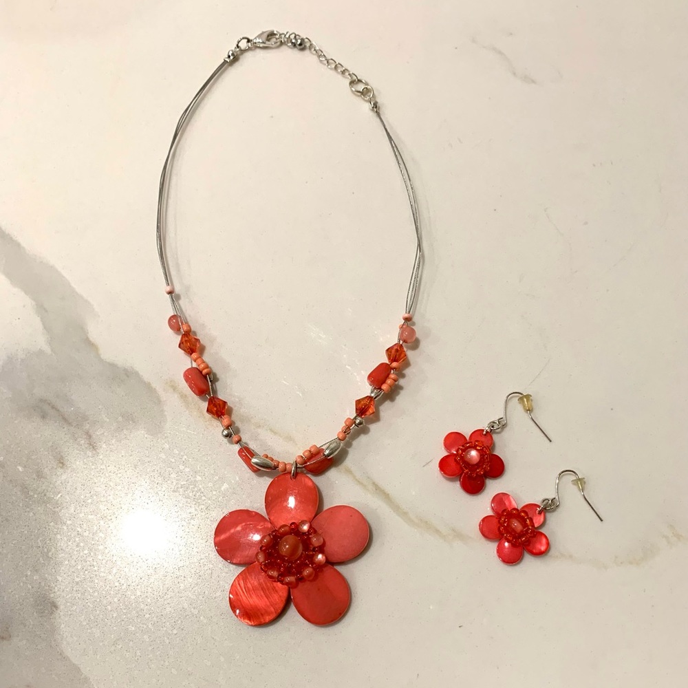 Handmade beaded set of dangle earrings and necklace